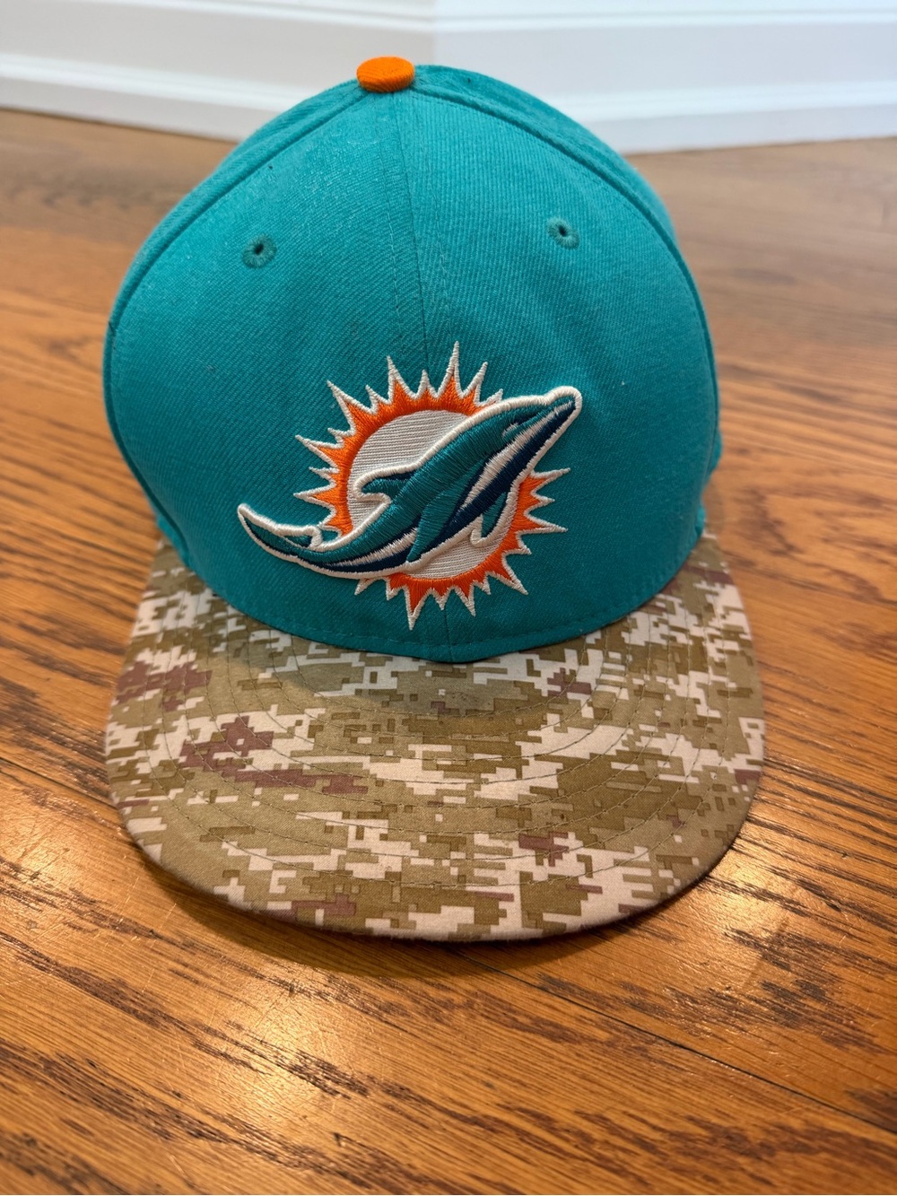 New Era Teal Miami Dolphin Logo Cap with Camo Brim and Orange Accents